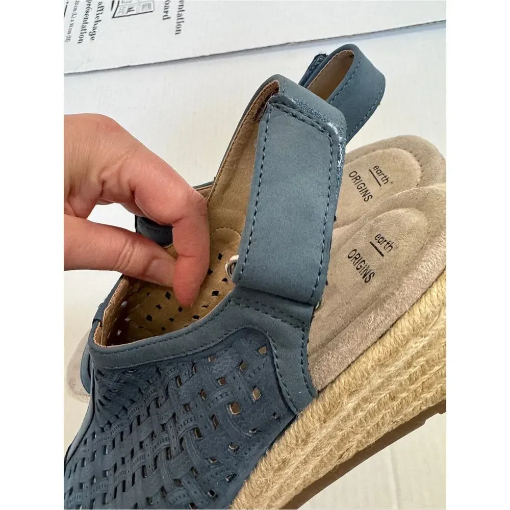 Earth Origins Blue Faux Leather Espadrille Wedges Womens 11 Beachy Sandal Vaca